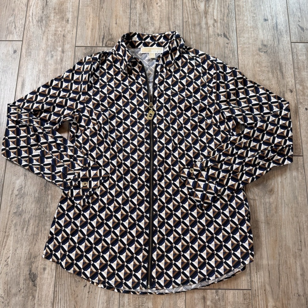 MICHAEL Michael Kors Zip-Front Shirt Size 2 Geometric Print Long Sleeve Blouse